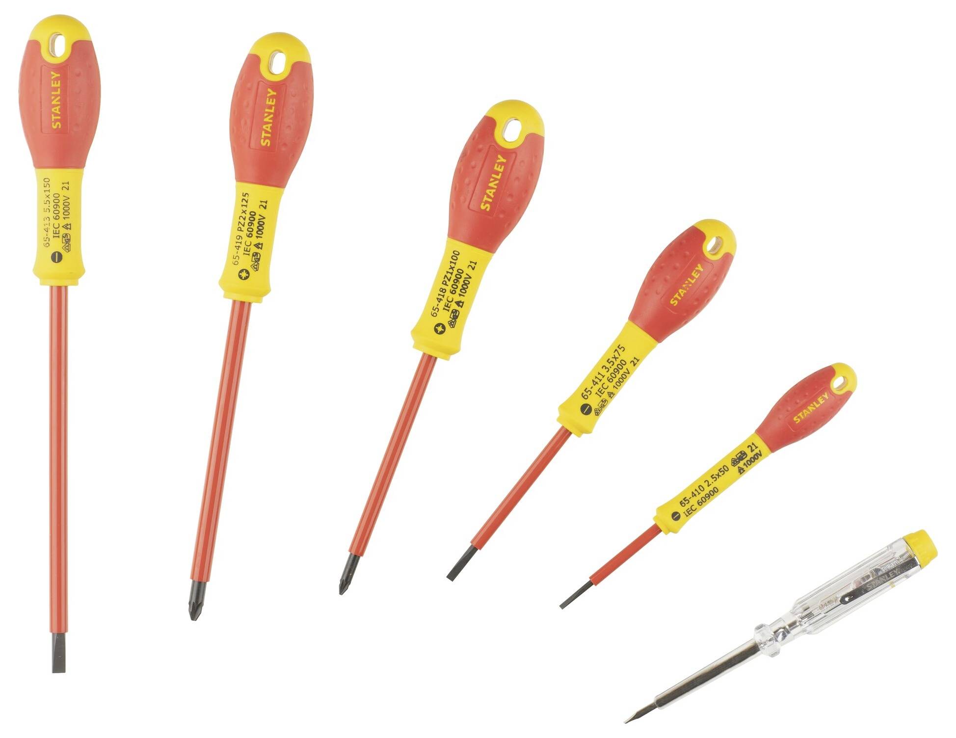 Pięć izolowanych wkrętaków z czerwonymi uchwytami i żółtymi końcówkami, różnej wielkości, oraz próbnik napięcia z przezroczystym uchwytem.