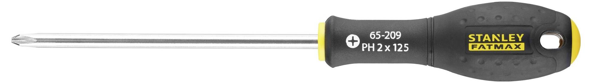 Śrubokręt z czarną rękojeścią, marka 'Stanley Fatmax', z końcówką krzyżakową, przeznaczony do wkrętów o rozmiarze PH2.