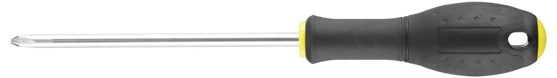 Wkrętak krzyżowy z czarną rękojeścią i żółtymi akcentami leży poziomo.