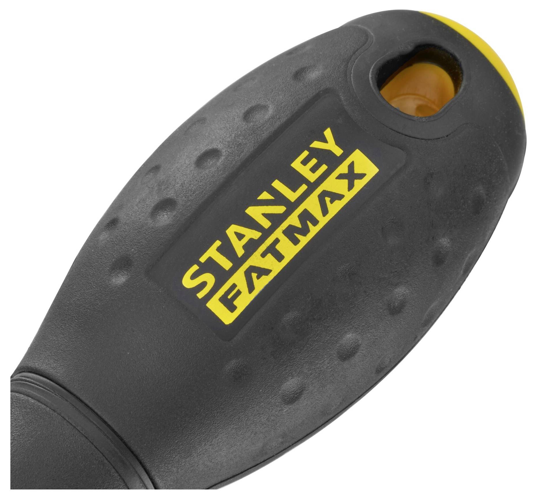 Czarny uchwyt wkrętaka z żółtym logo 'STANLEY FATMAX'. Powierzchnia o strukturze antypoślizgowej, ergonomiczny design, pomarańczowy akcent na górze.