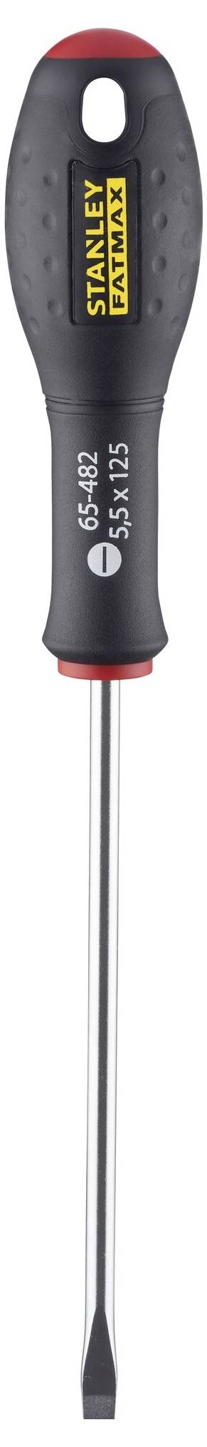 Płaski śrubokręt z czarnym uchwytem i czerwonym akcentem, marki 'Stanley'.