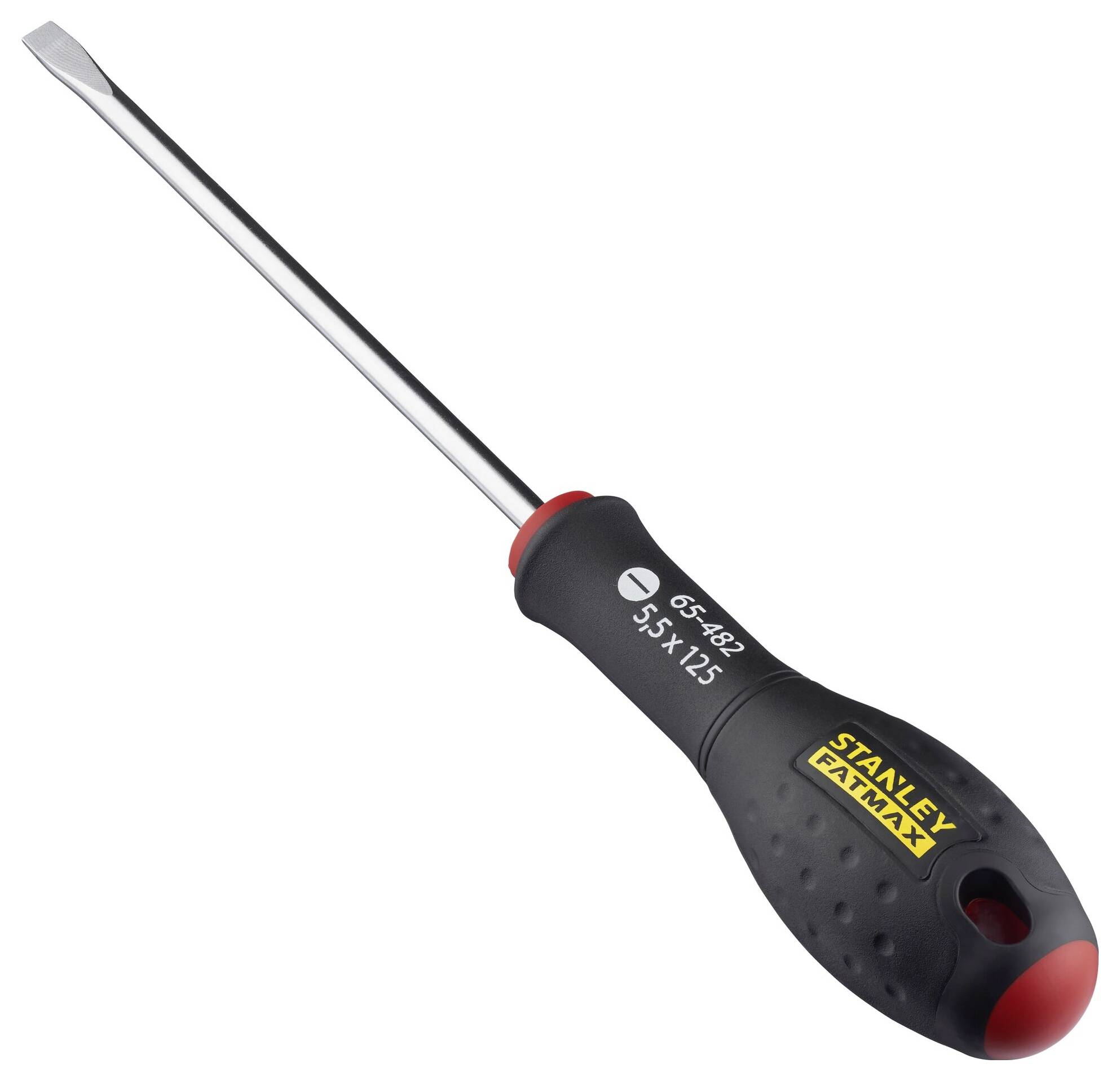 Wkrętak płaski ze Stanley FATMAX z czarnym, ergonomicznym uchwytem i czerwoną nasadką, przeznaczony do prac śrubowych.