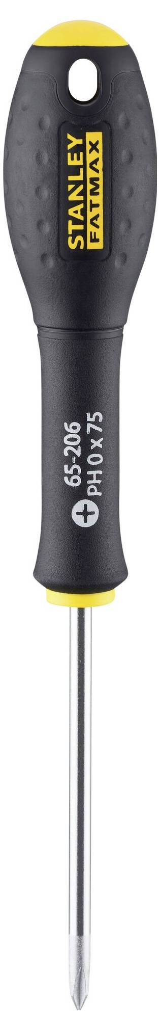 Wkrętak ze Stanley FatMax, o czarnym uchwycie i żółtym czubku, przeznaczony do wkrętów krzyżowych, rozmiar 65-938.
