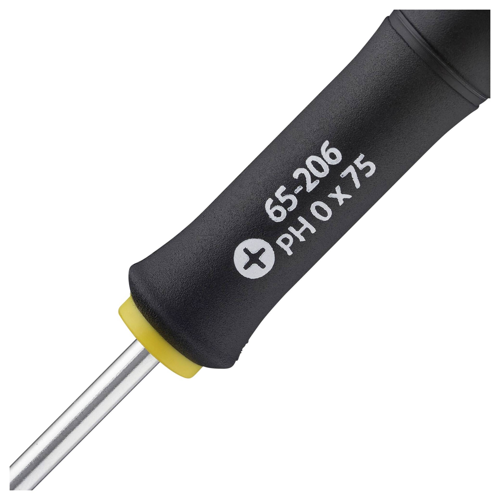 Śrubokręt z czarną rękojeścią z oznaczeniem '65-206 PH 0 x 75', przeznaczony do prac precyzyjnych.