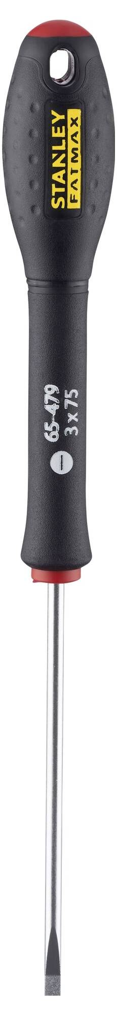 Czarny śrubokręt z żółtym logo 'Stanley' na rękojeści, z płaskim grotem i oznaczeniem rozmiaru '6,5 x 125'.