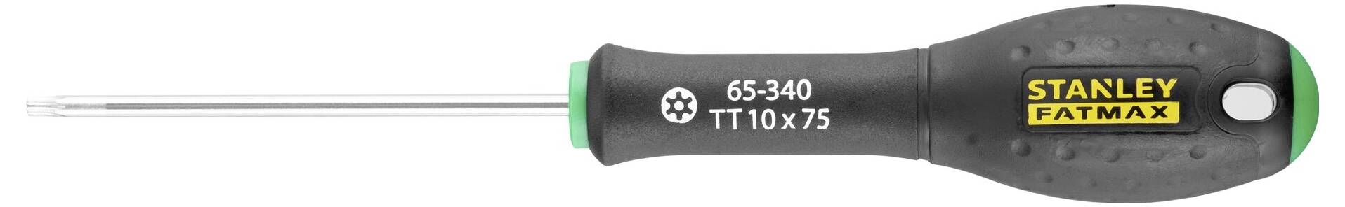 Wkrętak krzyżowy marki Stanley Fatmax z czarną rękojeścią i żółto-czarnym logo, numer modelu 65-340, rozmiar TT10x75.