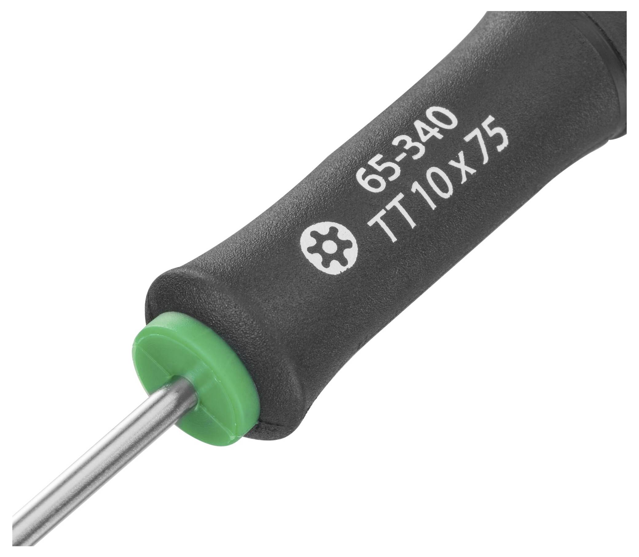 Zbliżenie śrubokręta z czarnym uchwytem i zielonym pierścieniem. Na uchwycie widnieją cyfry '65-340' oraz 'TT10 x 75'.