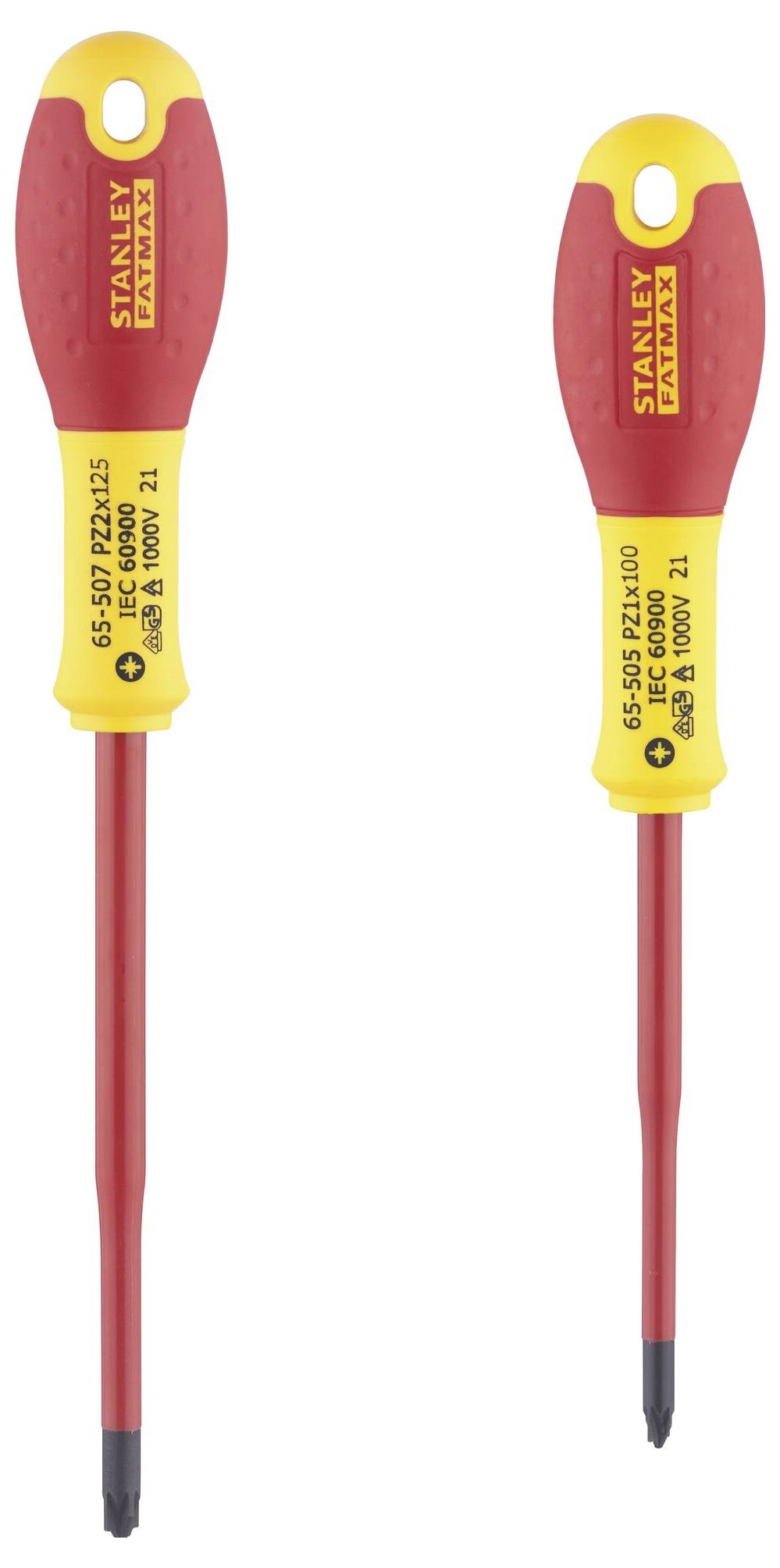 Dwa odizolowane wkrętaki z czerwonymi rękojeściami i czarnymi końcówkami. Żółte obszary wskazują oznaczenia marki i bezpieczeństwa.