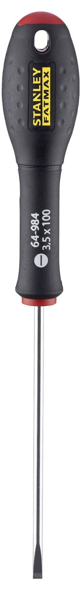 Wkrętak ze słabą czarną rękojeścią i żółtym logo 'STANLEY'. Śrubokręt płaski z wąskim ostrzem, odpowiedni do precyzyjnych prac.