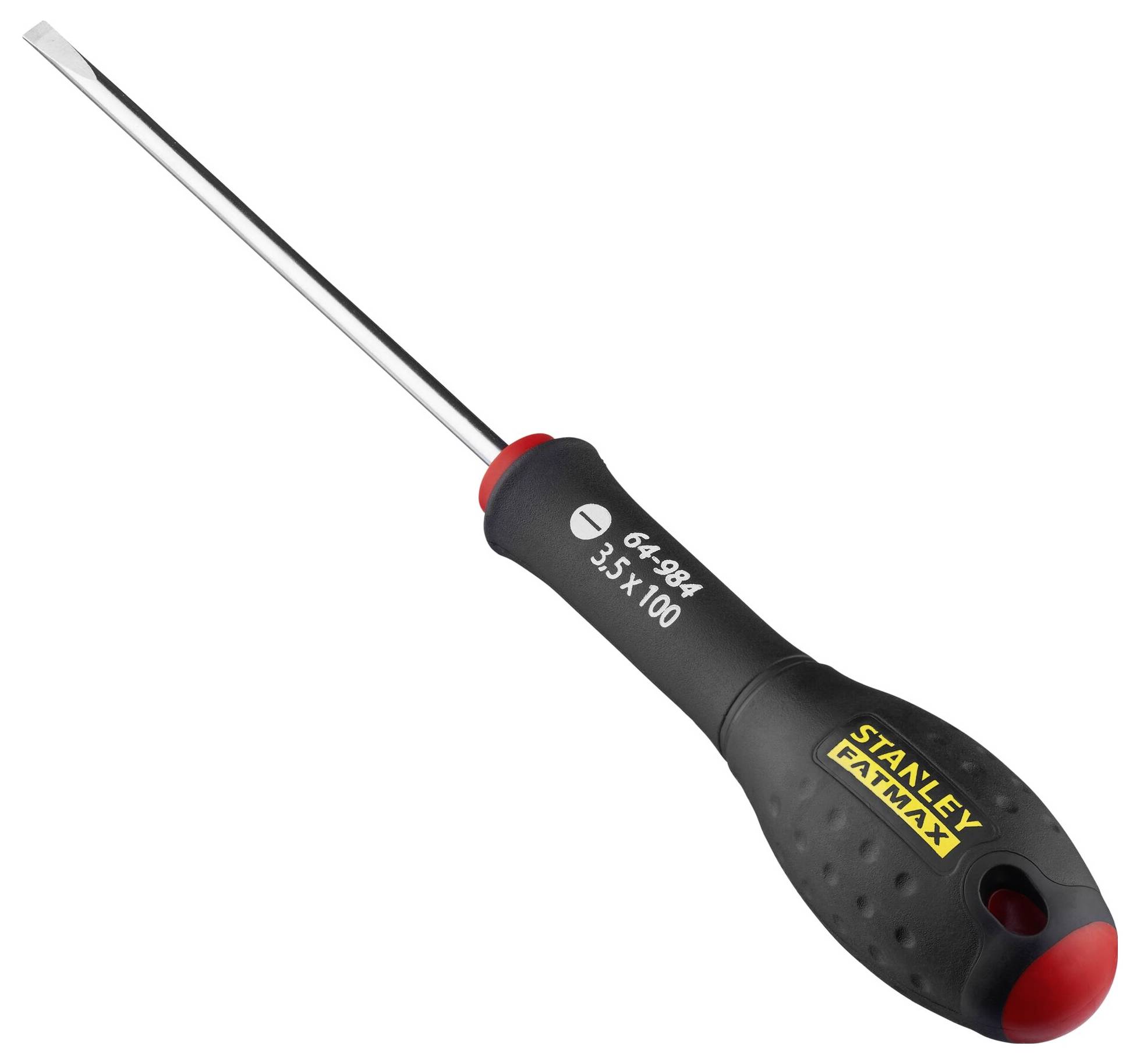 Wkrętak krzyżowy z czarną rękojeścią, żółtym logo i srebrnym ostrzem. Powierzchnia uchwytu jest strukturowana.