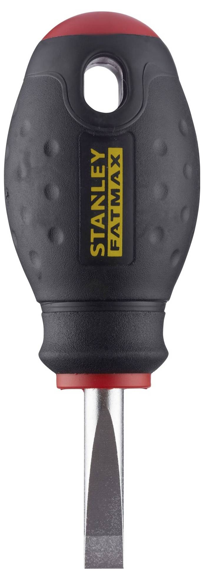 Wkrętak marki Stanley Fatmax, z czarnym uchwytem i czerwonym zakończeniem, z płaskim ostrzem. Odpowiedni do prac rzemieślniczych i napraw.