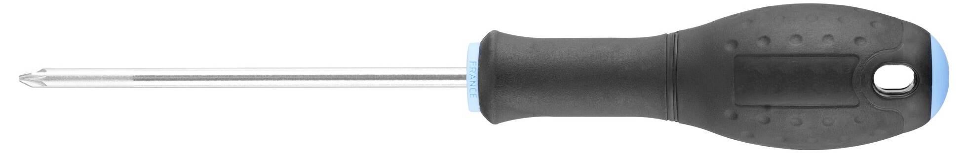 Wkrętak krzyżowy z czarną rękojeścią i srebrnym ostrzem, ułożony poziomo na białym tle.