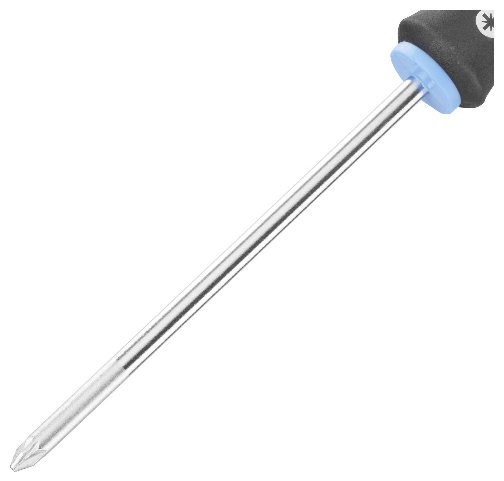 Wkrętak z niebieskim uchwytem, przeznaczony do wkrętek krzyżowych.