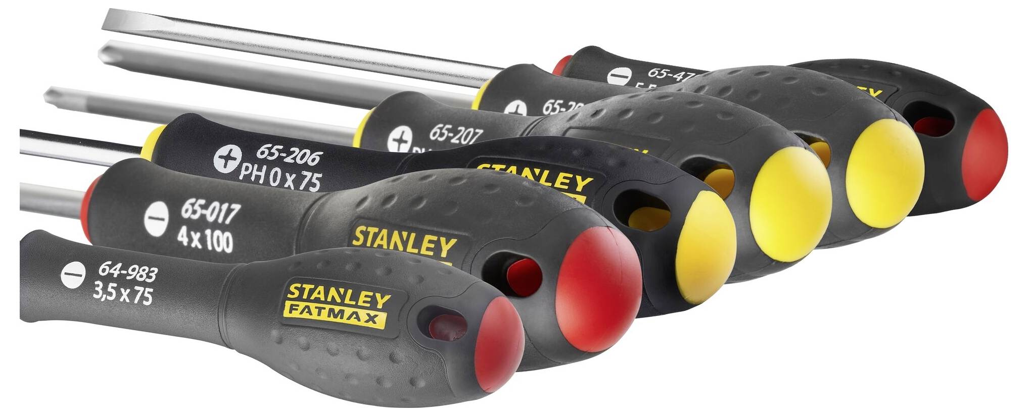 Zestaw sześciu wkrętaków z czarnymi uchwytami i kolorowo oznaczonymi końcówkami, przeznaczony do różnych rodzajów łbów śrub.