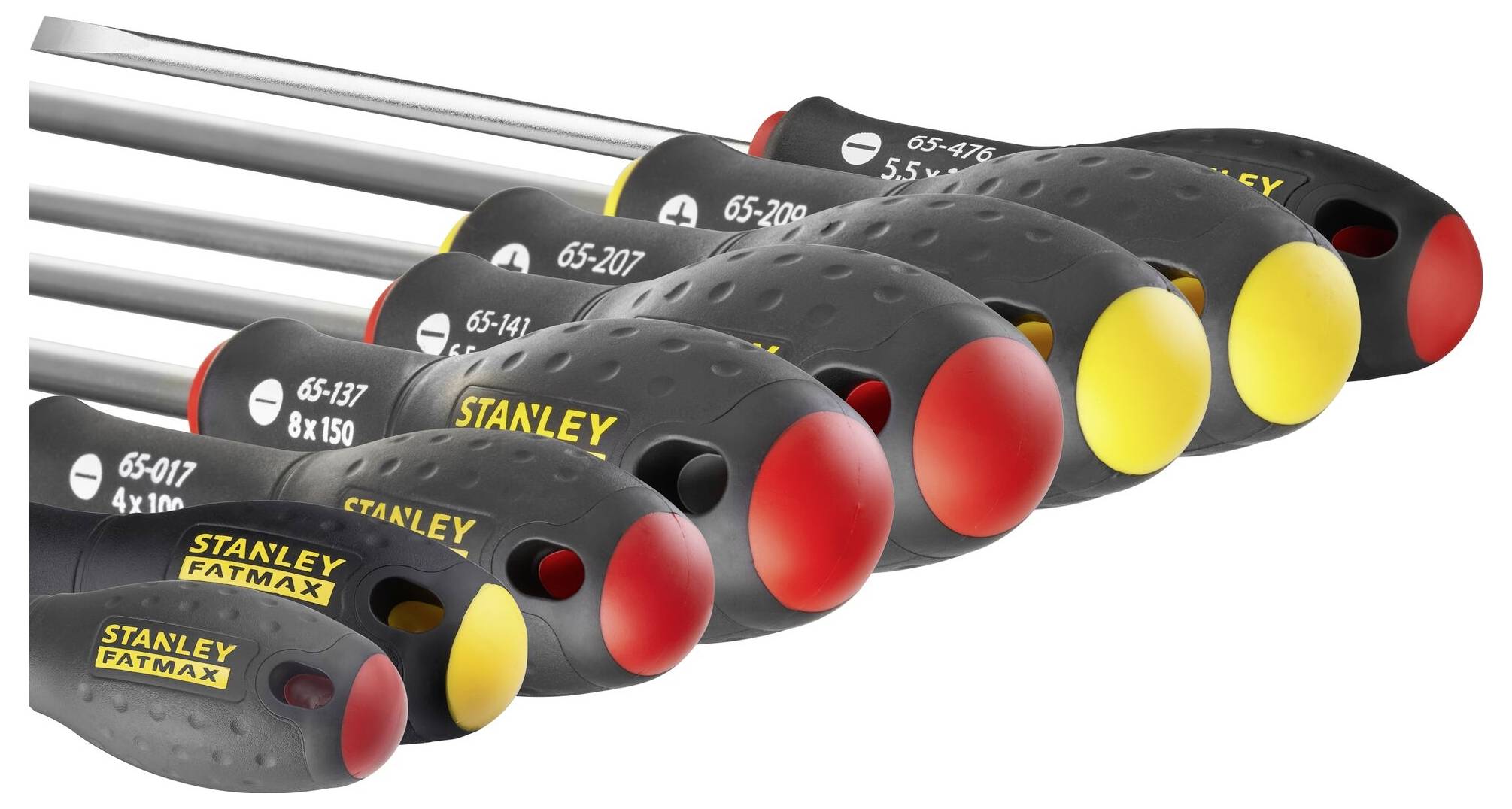 Zestaw wkrętaków z uchwytami w różnych kolorach do łatwej identyfikacji. Różne rozmiary z serii FATMAX firmy Stanley.