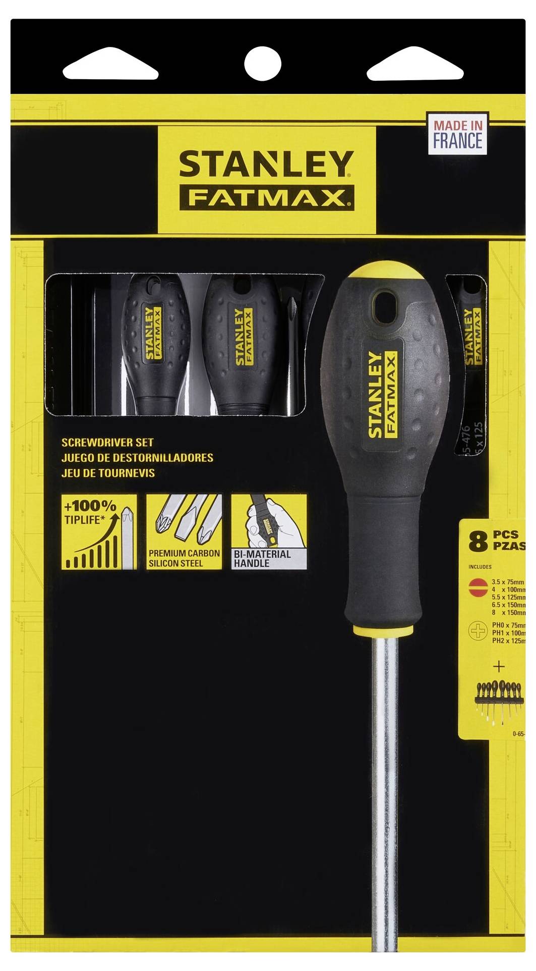 Zestaw 8 wkrętaków marki Stanley Fatmax z ergonomiczną rękojeścią, wyprodukowany we Francji. Opakowanie prezentuje produkt.