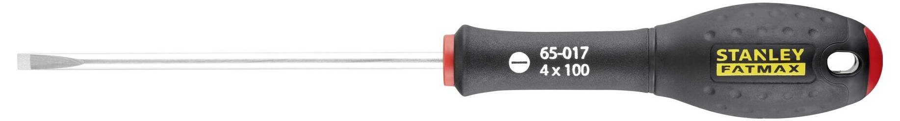 Płaski śrubokręt z czarną rękojeścią i żółtym logo 'Stanley Fatmax', długość ostrza 100 mm, uchwyt o ergonomicznym kształcie.
