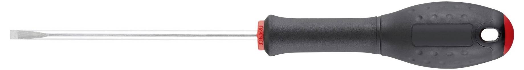 Płaski śrubokręt z czarną rękojeścią i czerwonym akcentem. Odpowiedni do wkręcania śrub z rowkiem prostym.