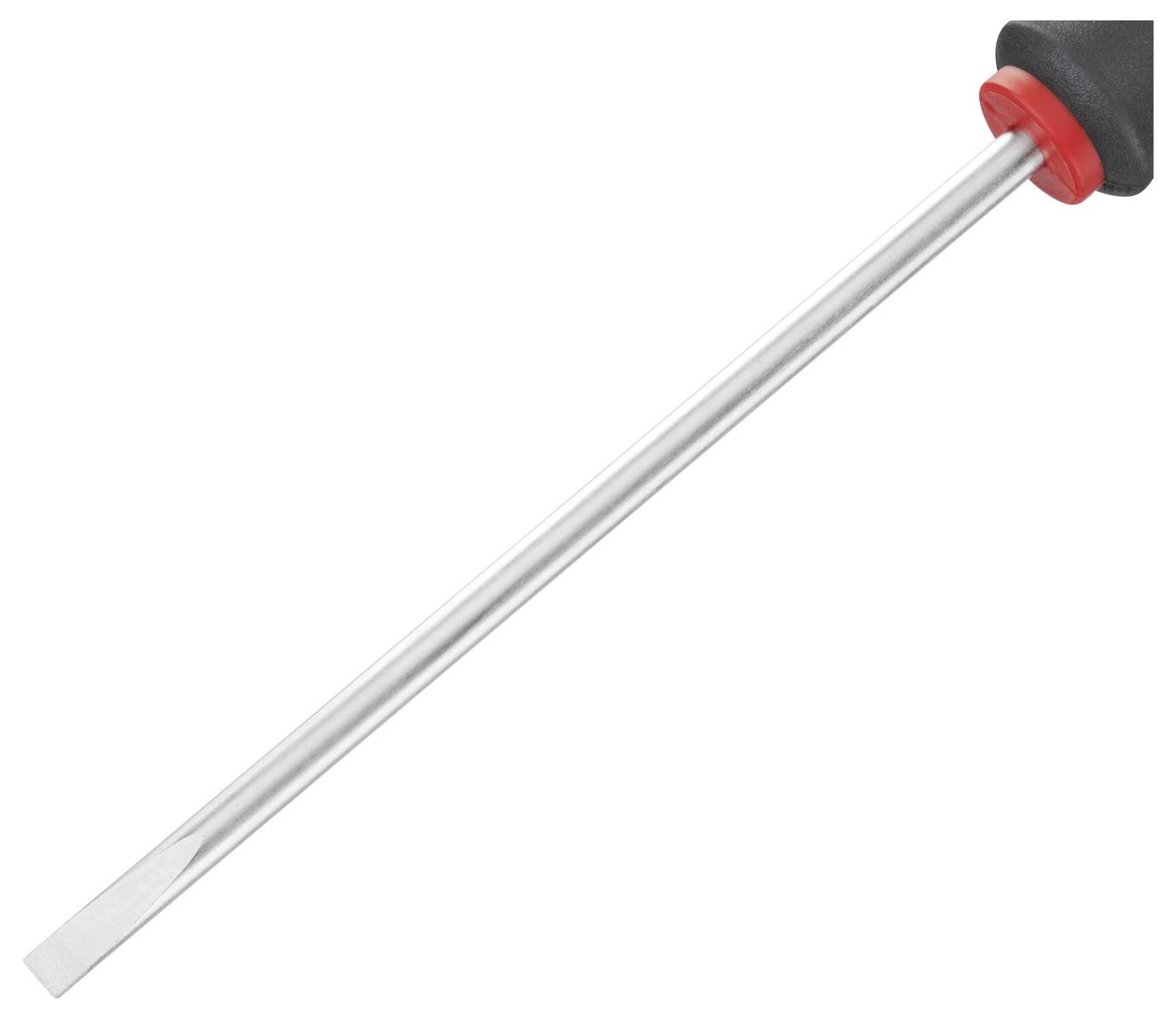 Płaski śrubokręt z czarnym uchwytem i czerwonym akcentem, widok skośny.