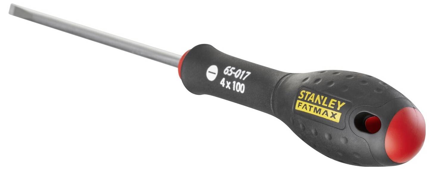 Wkrętak z czarnym uchwytem i czerwonym końcem, oznaczony napisem 'Stanley Fatmax', przeznaczony do wkręcania wkrętów płaskich.