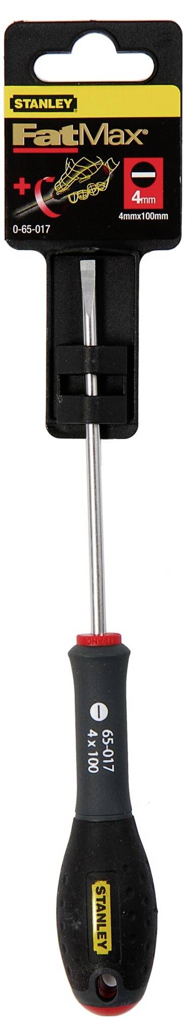 Czerwony wkrętak Stanley FatMax ze śrubowym zakończeniem, z ergonomiczną rękojeścią i 4-milimetrowym grotem, sfotografowany na białym tle.