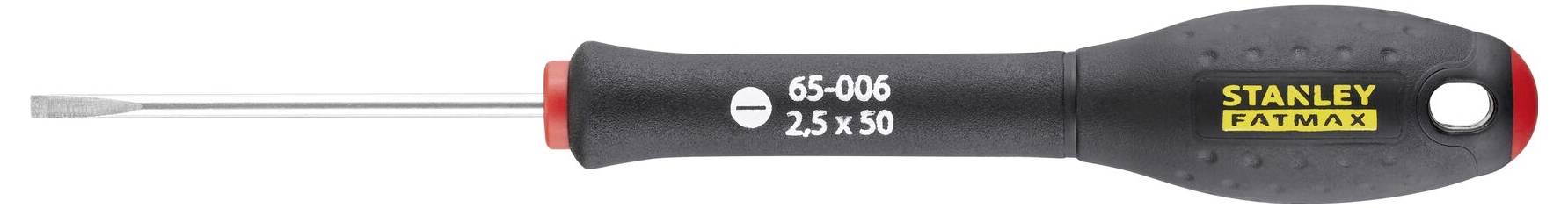 Czarny wkrętak z żółtym logo 'Stanley Fatmax' na rękojeści i płaskim, prostokątnym ostrzem.