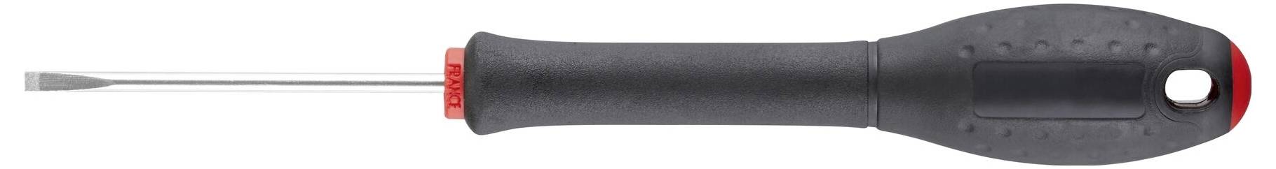 Czarny śrubokręt z czerwonym akcentem i płaskim czubkiem, leżący na białym tle.