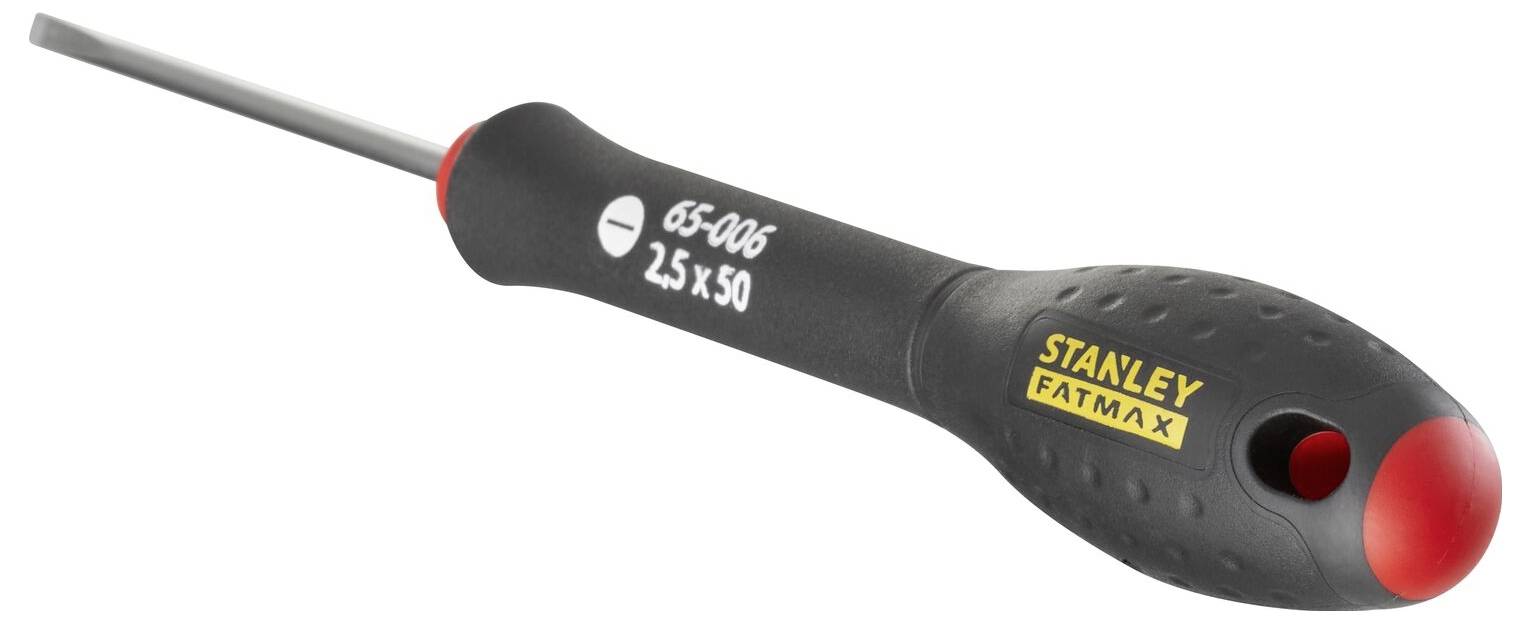 Mały czarny śrubokręt z czerwonym akcentem i napisem 'Stanley Fatmax', z tekstem '65-006 2.5x50' na rękojeści.