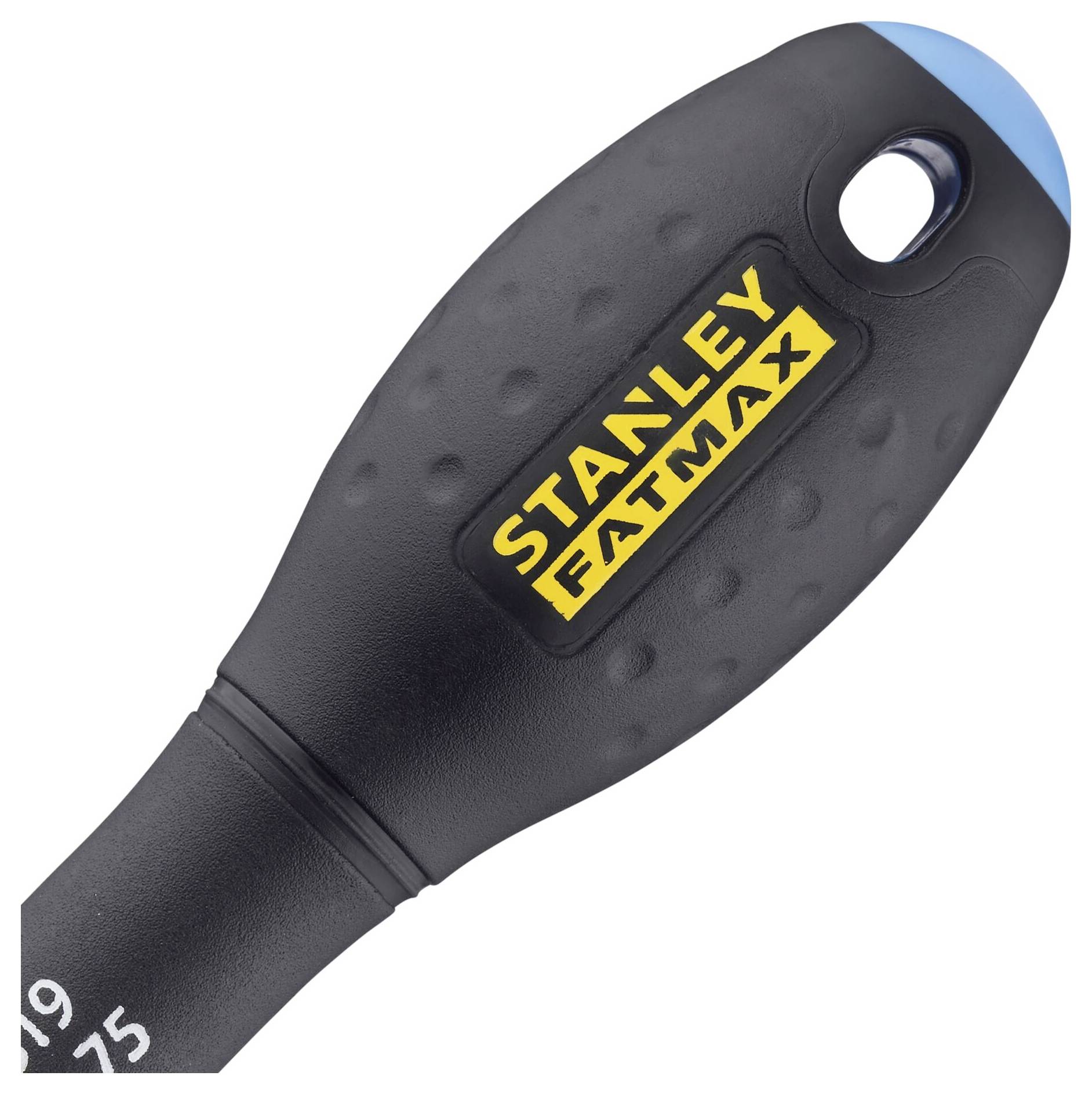 Czarny uchwyt wkrętaka z żółtym logo 'Stanley Fatmax' i niebieskim nakładanym czubkiem.