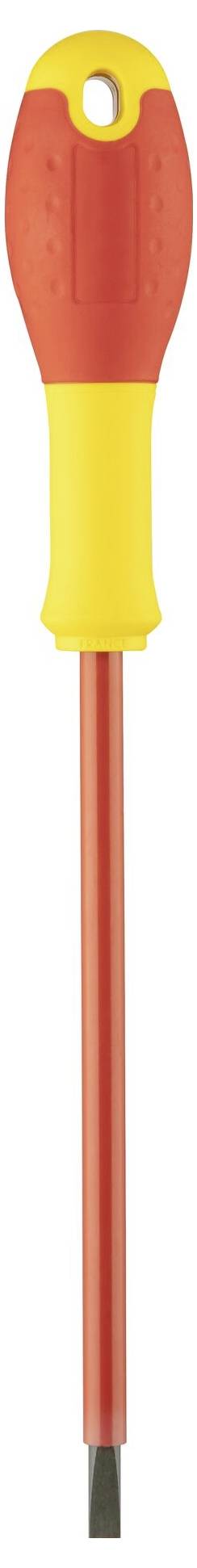 Izolowany śrubokręt z czerwonym i żółtym uchwytem, z płaskim ostrzem, odpowiedni do prac elektrycznych.