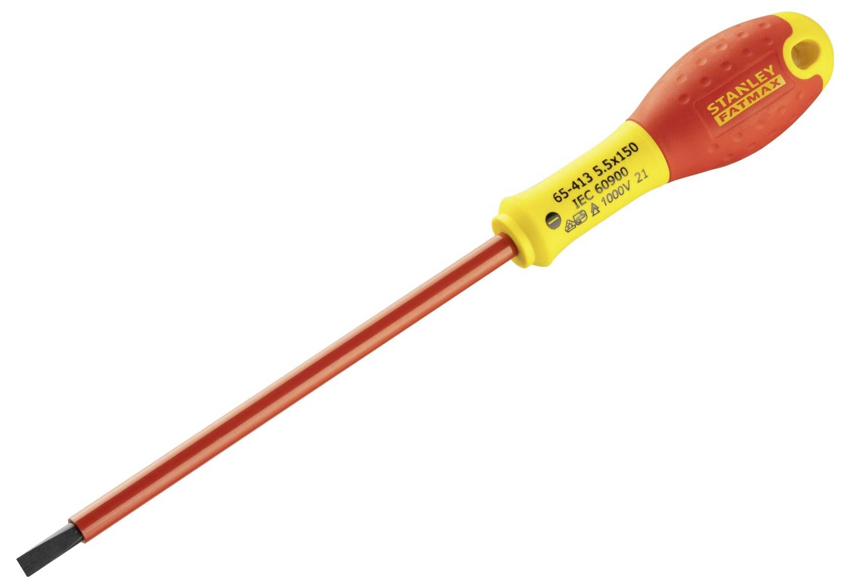 Izolowany wkrętak z czerwonym uchwytem i pomarańczowym trzpieniem, odpowiedni do prac do 1000V, z logo Stanley.