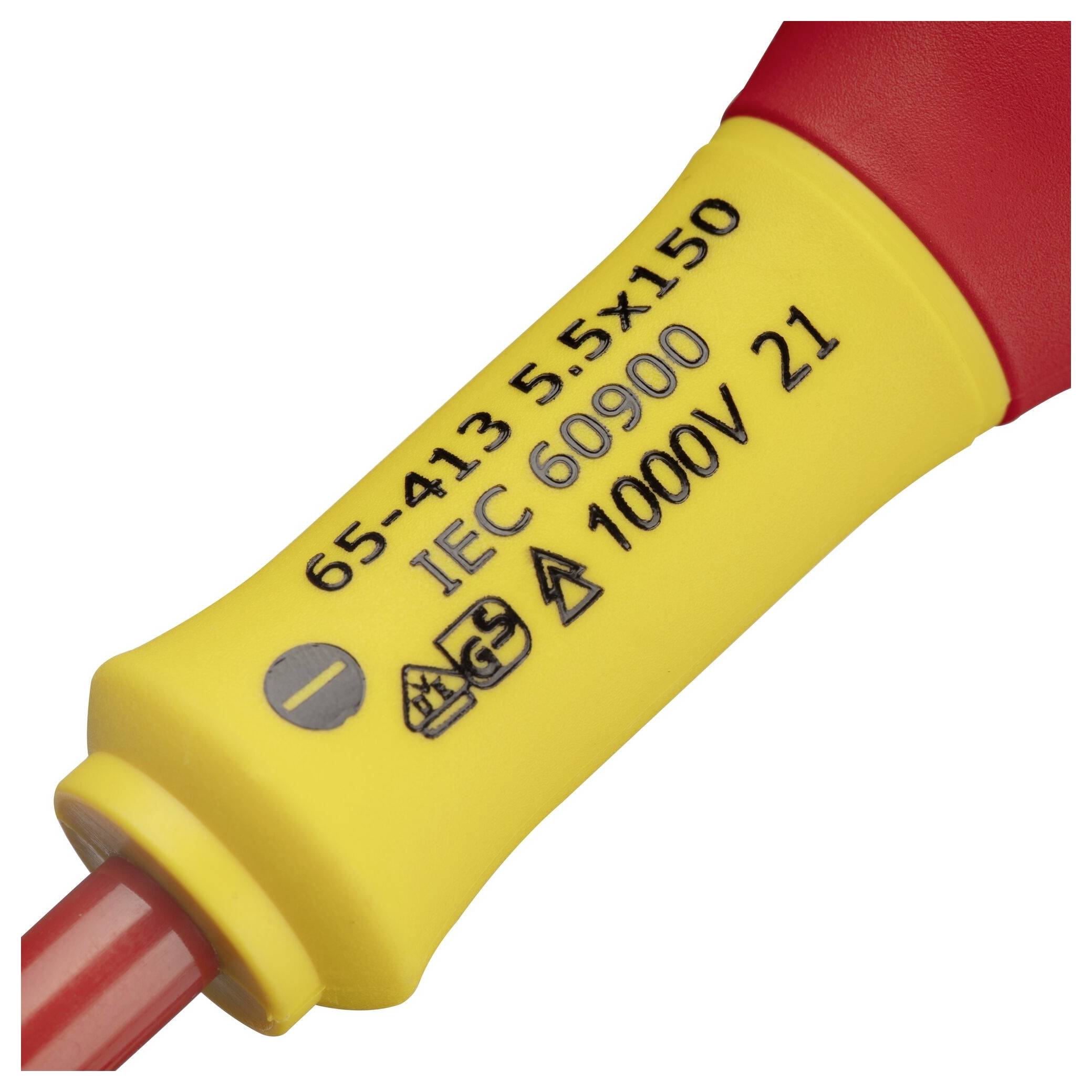 Żółty uchwyt wkrętaka z napisem 'IEC 60900' oraz '1000V', przeznaczony do prac przy instalacjach elektrycznych do 1000 woltów.