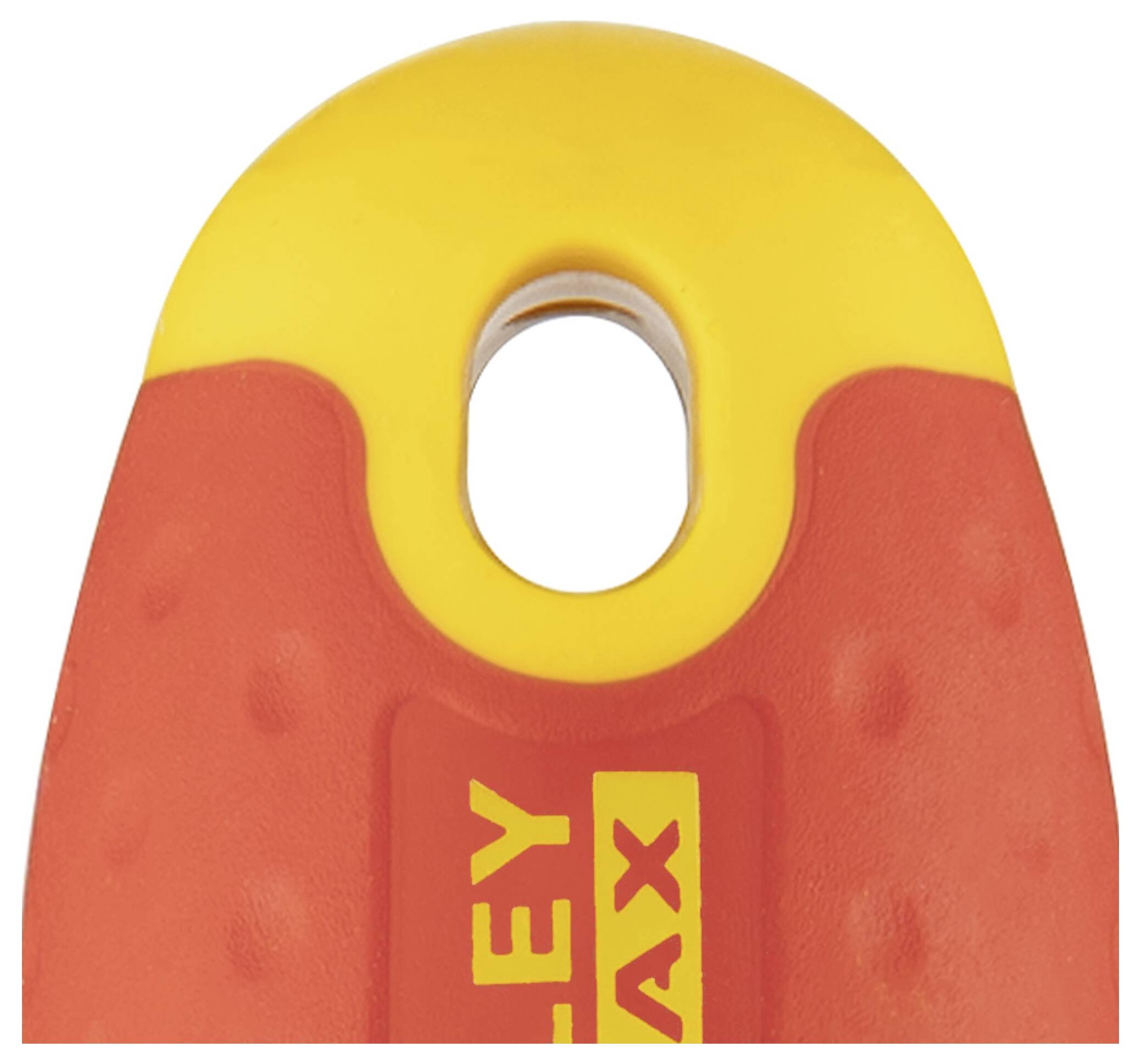 Górna część czerwono-żółtego plastikowego uchwytu z otworem pośrodku i napisem 'STANLEY MAX'.