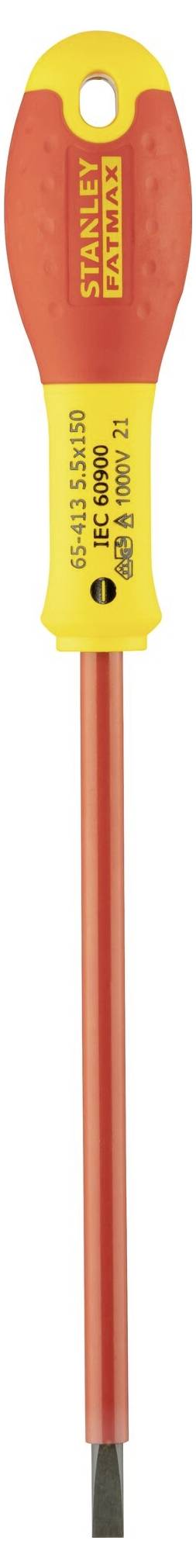 Mały wkrętak z izolowanym uchwytem w kolorze pomarańczowo-żółtym i płaskim ostrzem, przeznaczony do prac elektrycznych do 1000 V.