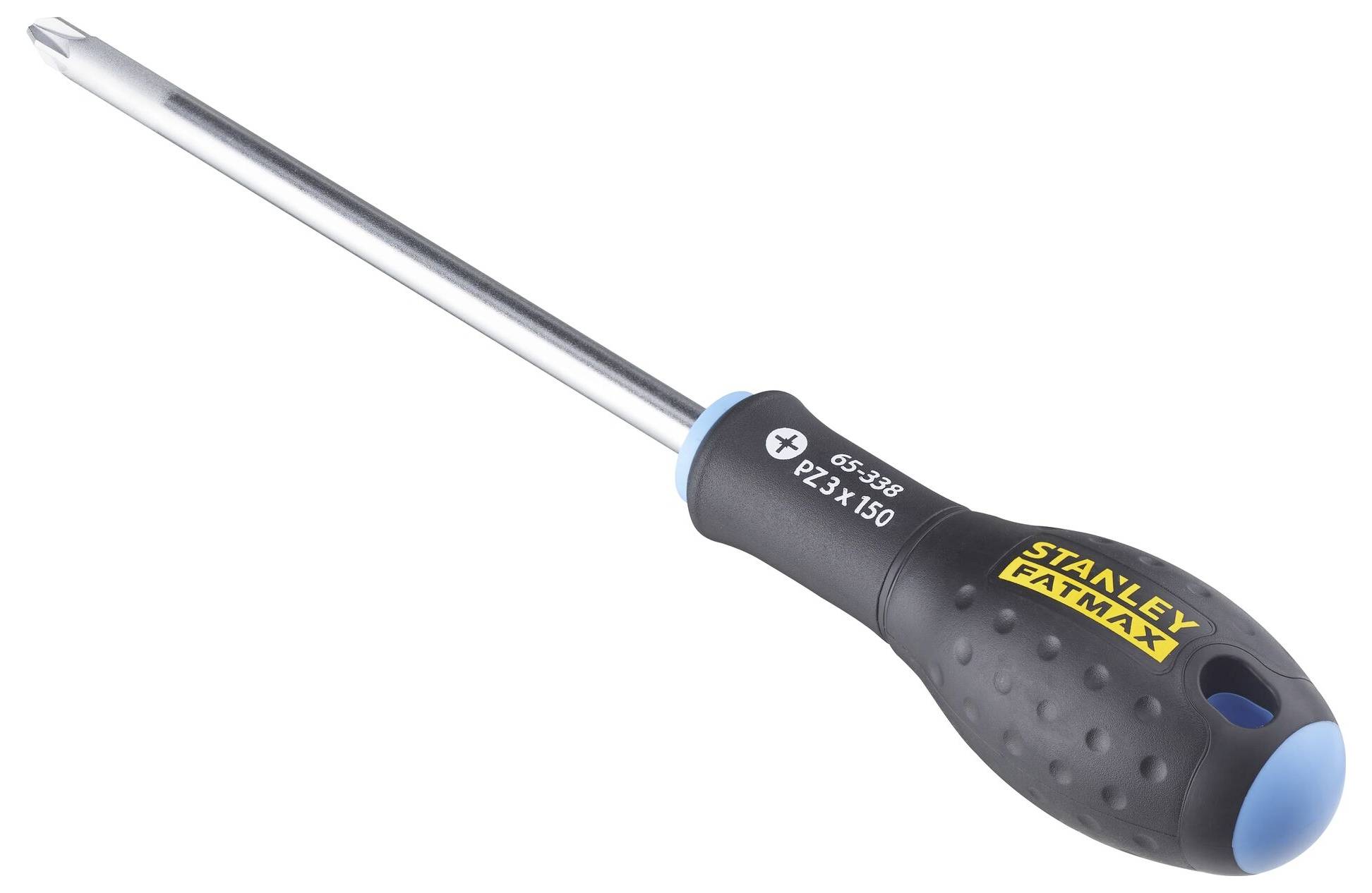 Wkrętak z czarnym uchwytem i napisem 'STALEY FATMAX'. Uchwyt jest pokryty powłoką silikonową dla lepszego chwytu.