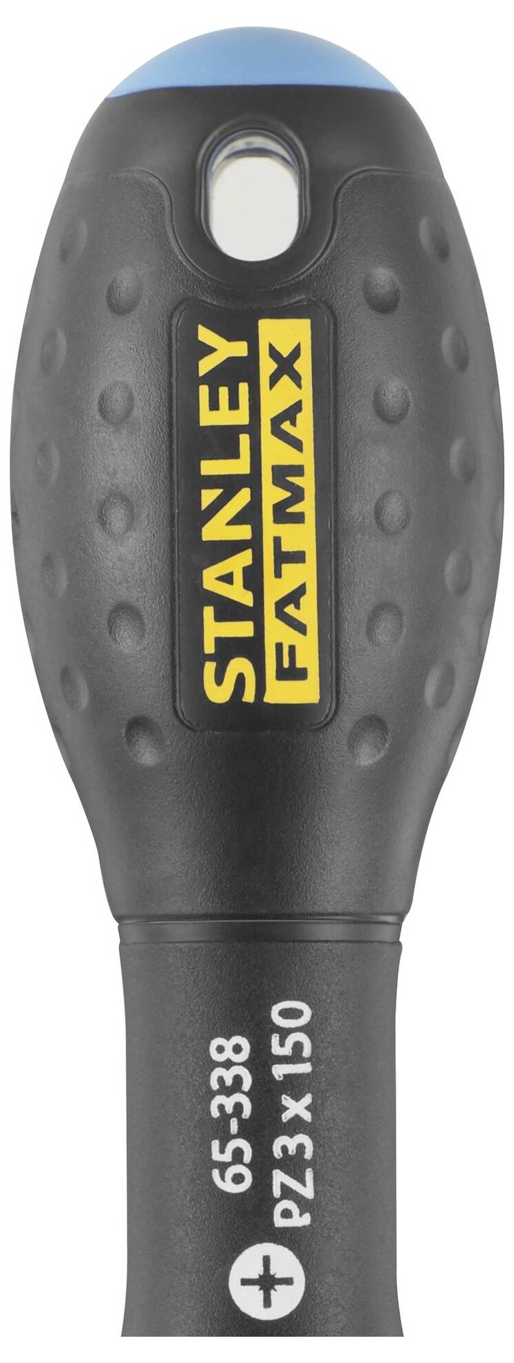 Uchwyt wkrętaka z logo 'Stanley Fatmax' w kolorach żółtym i białym na czarnym tle, numer modelu '65-338, PZ3 x 150'.