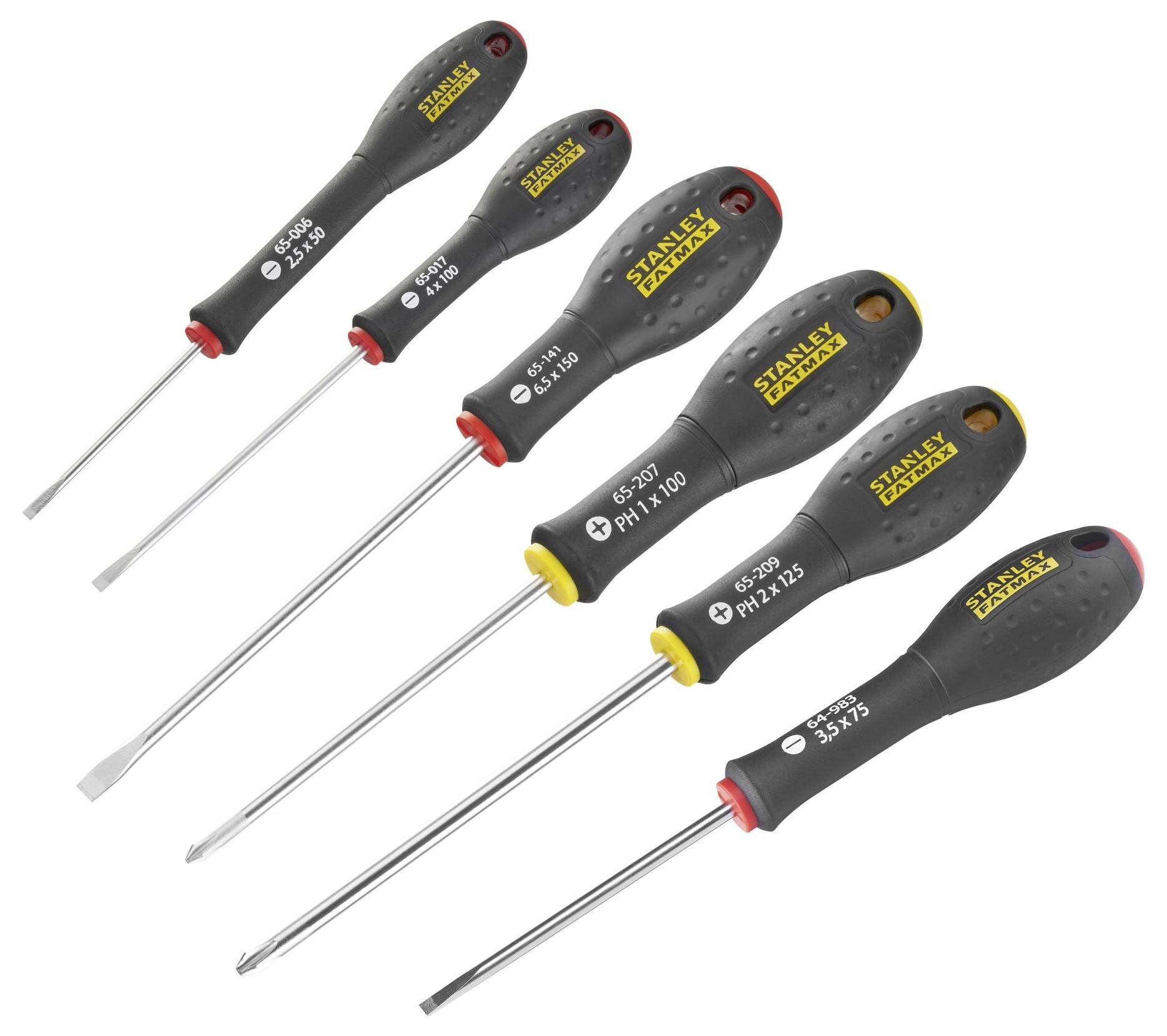 Sześć wkrętaków o różnych rozmiarach z czarnymi uchwytami, niektóre do śrub płaskich, a niektóre do śrub krzyżowych, ułożonych w rzędzie.