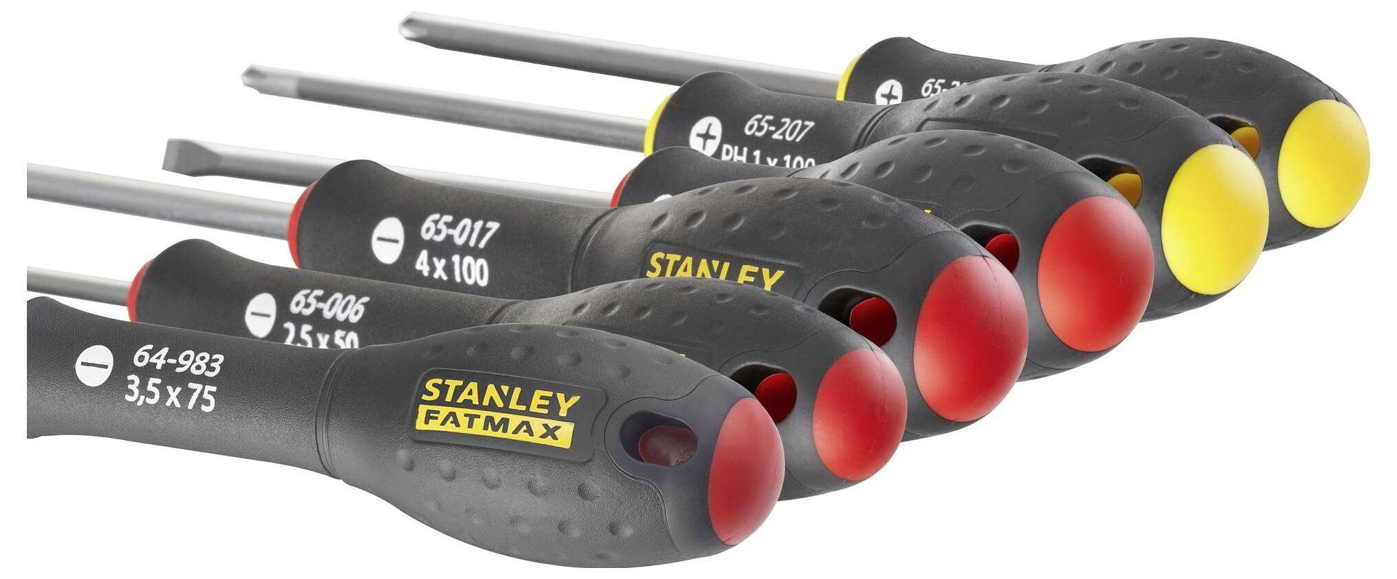 Sześć wkrętaków z czarnymi uchwytami i czerwonymi czubkami, ułożonych w rzędzie. Każdy uchwyt posiada oznaczenie rozmiaru i rodzaju.