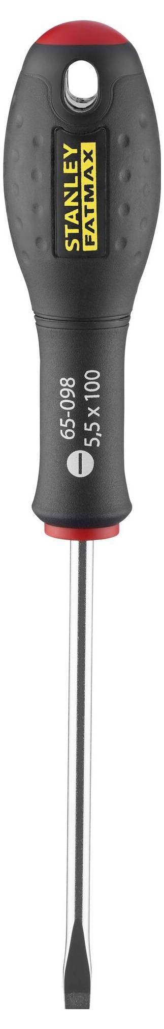 Wkrętak z czarnym uchwytem i żółtym logo 'Stanley'. Końcówka jest płaska, przeznaczona do wkrętów prostych. Zintegrowane mocowanie do zawieszenia na uchwycie.