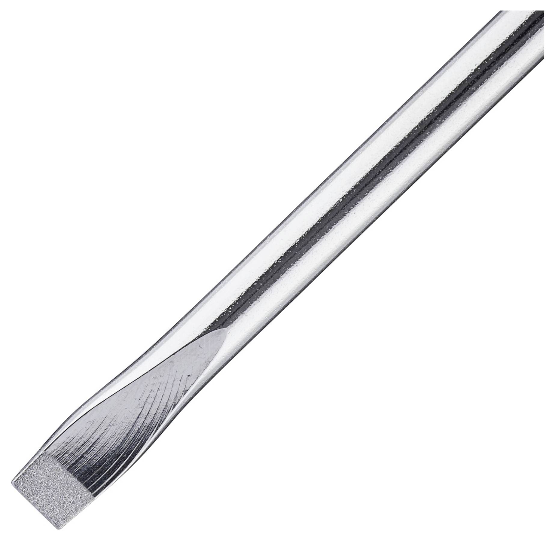 Płaski śrubokręt z srebrnym ostrzem i rowkowanym uchwytem dla lepszego trzymania.