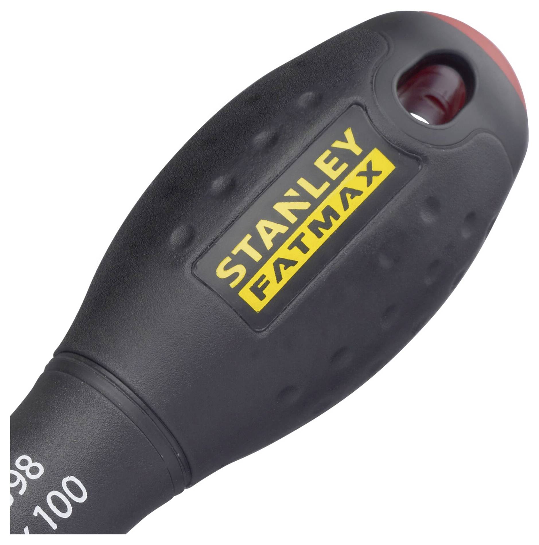 Czarny śrubokręt z czerwonym końcem i żółtym logo 'Stanley Fatmax' na rękojeści.