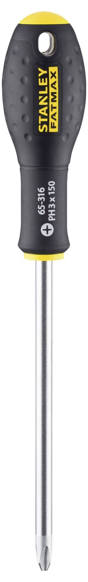 Wkrętak z czarną rękojeścią i srebrnym ostrzem, marki 'Stanley Fatmax', przeznaczony do wkrętów krzyżowych.