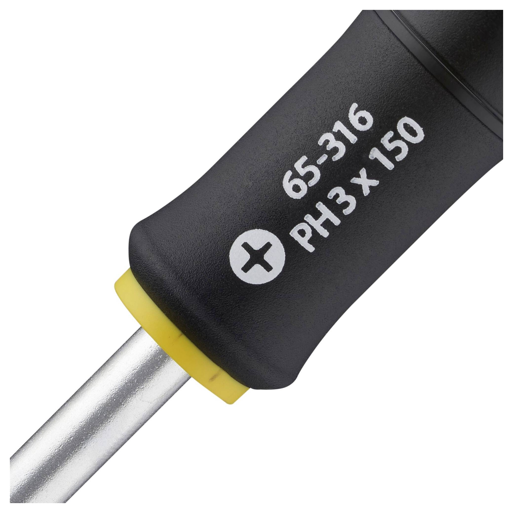 Wkrętak z uchwytem z napisem '65-316 PH3 x 150'. Uchwyt jest czarny z żółtym pierścieniem, znajdujący się w pobliżu końcówki wkrętaka.