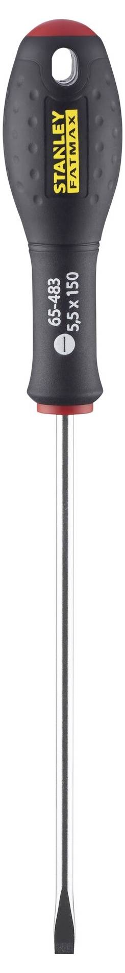 Czarny śrubokręt z żółtym napisem na rękojeści wskazującym nazwę marki. Trzpień jest wykonany z metalu.