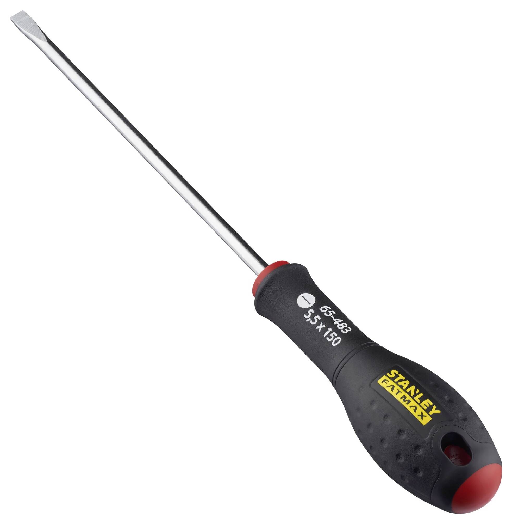 Wkrętak płaski ze Stanley FatMax o czarnym uchwycie i czerwonych akcentach. Idealny do prac rzemieślniczych.