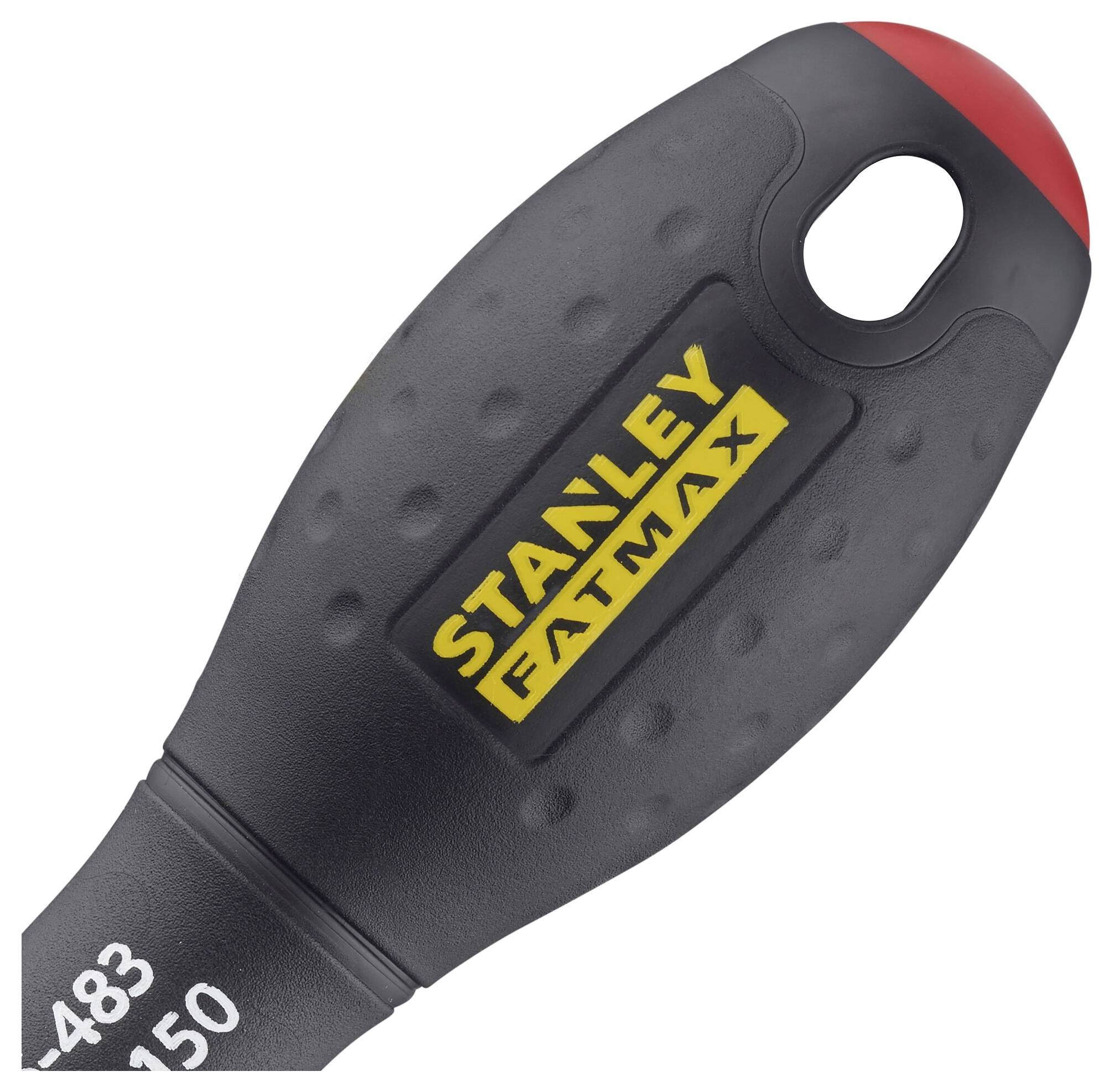 Czarny uchwyt wkrętaka z żółtym logo 'Stanley Fatmax' pośrodku, u góry czerwone zakończenie.