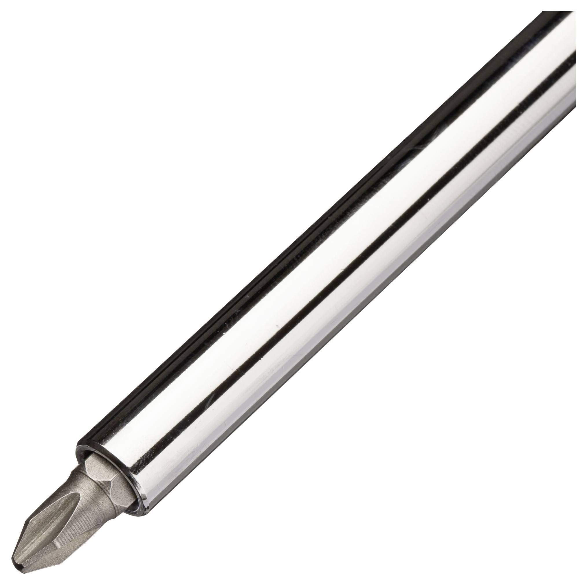 Srebrny wkrętak krzyżakowy ze skośnie ustawionym grotem. Odpowiedni do wkrętów krzyżowych.