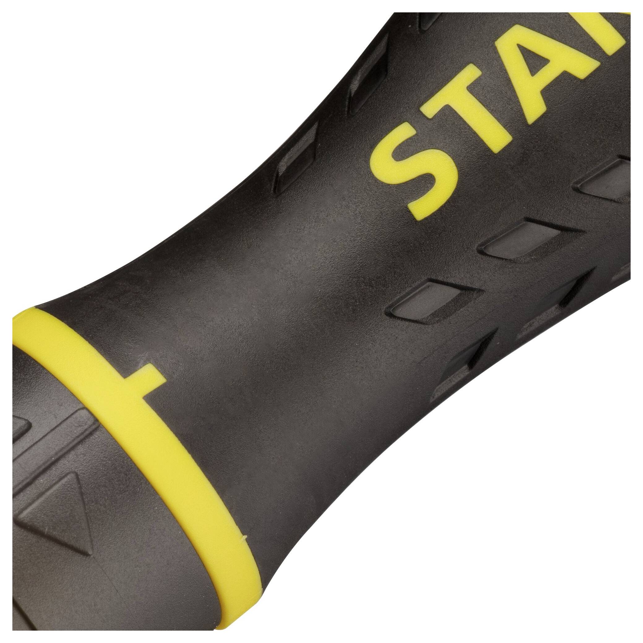 Zbliżenie czarnego narzędzia z żółtym napisem 'STA'. Czarna, ryflowana powierzchnia zapewniająca lepszy chwyt.