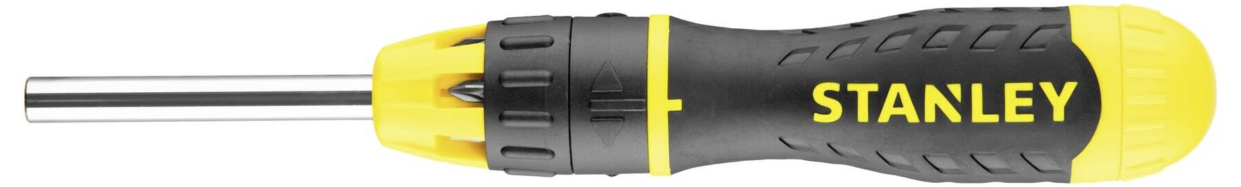 Śrubokręt marki 'STANLEY' z żółto-czarnym uchwytem leży poziomo.