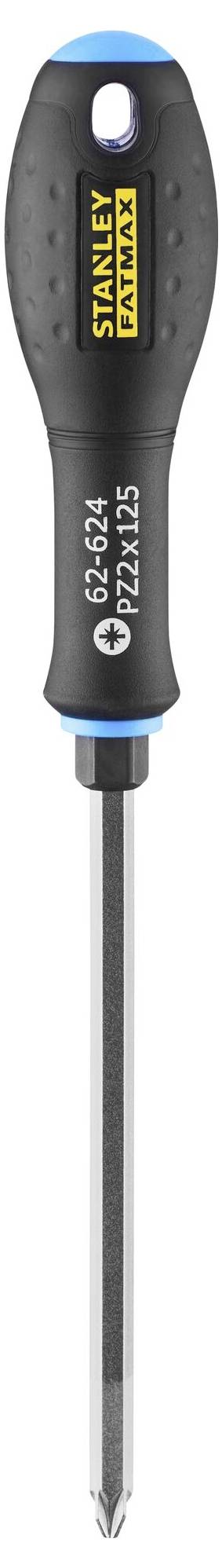 Wkrętak krzyżowy Stanley z czarnym uchwytem, niebieskim kołpakiem i srebrnym ostrzem.